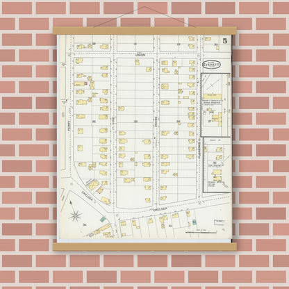 Old map wall art mockup — magnetic wood frame on brick wall — Sanborn Fire Insurance Map from Everett, Middlesex County, Massachusetts (1892), Sheet #0005