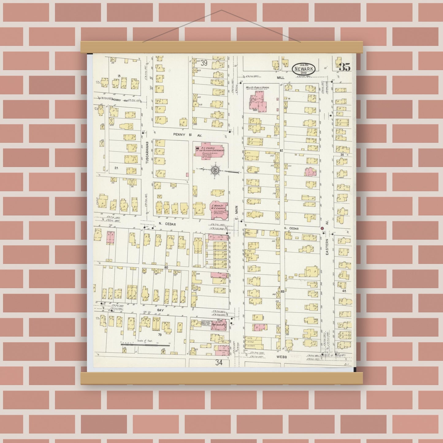 Old map wall art mockup — magnetic wood frame on brick wall — Sanborn Fire Insurance Map from Newark, Licking County, Ohio (1912), Sheet #0035