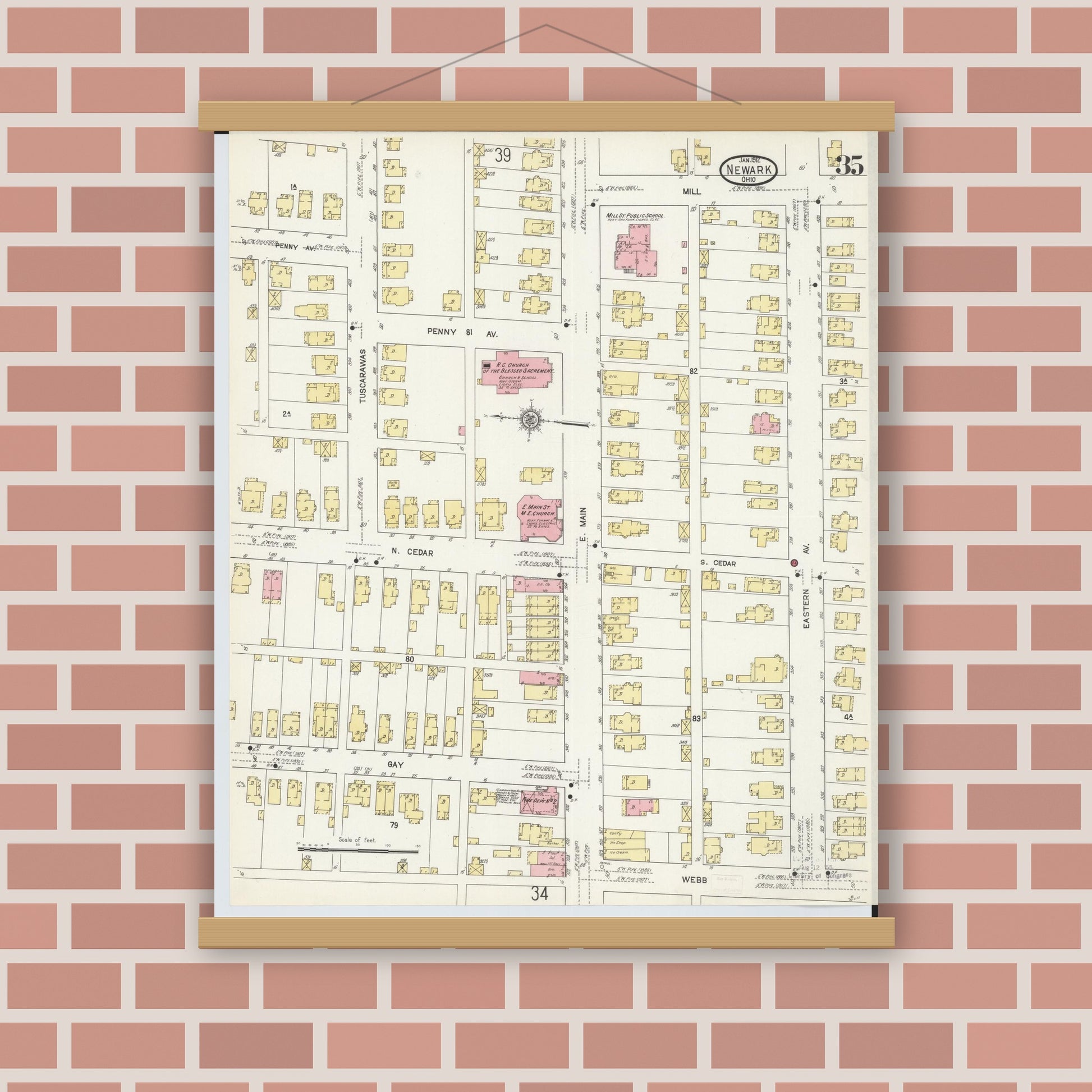 Old map wall art mockup — magnetic wood frame on brick wall — Sanborn Fire Insurance Map from Newark, Licking County, Ohio (1912), Sheet #0035