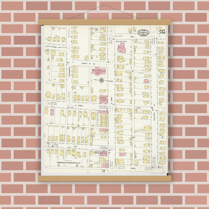 Old map wall art mockup — magnetic wood frame on brick wall — Sanborn Fire Insurance Map from Newark, Licking County, Ohio (1912), Sheet #0035