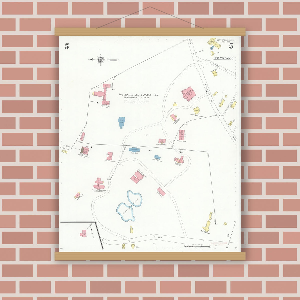 Old map wall art mockup — magnetic wood frame on brick wall — Sanborn Fire Insurance Map from Northfield, Franklin County, Massachusetts (1933), Sheet #0005