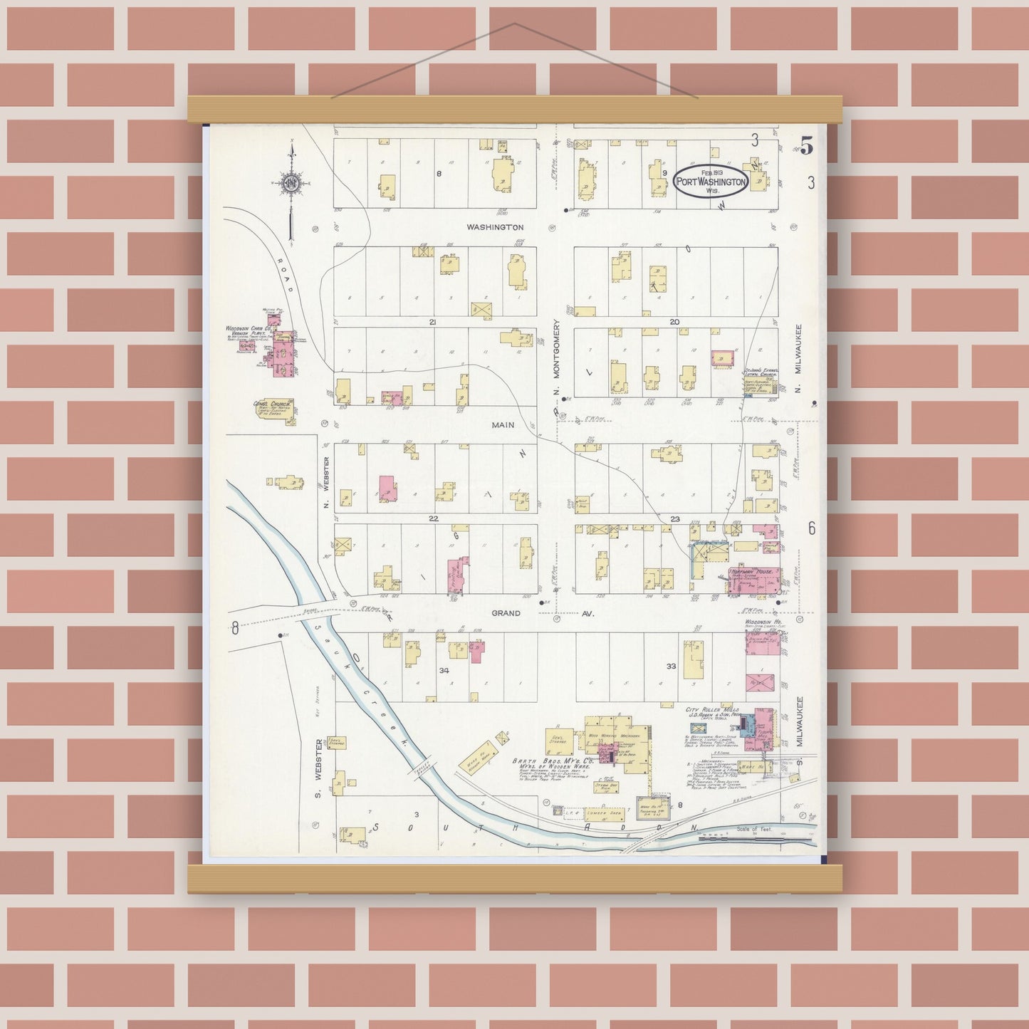 Old map wall art mockup — magnetic wood frame on brick wall — Sanborn Fire Insurance Map from Port Washington, Ozaukee County, Wisconsin (1913), Sheet #0005