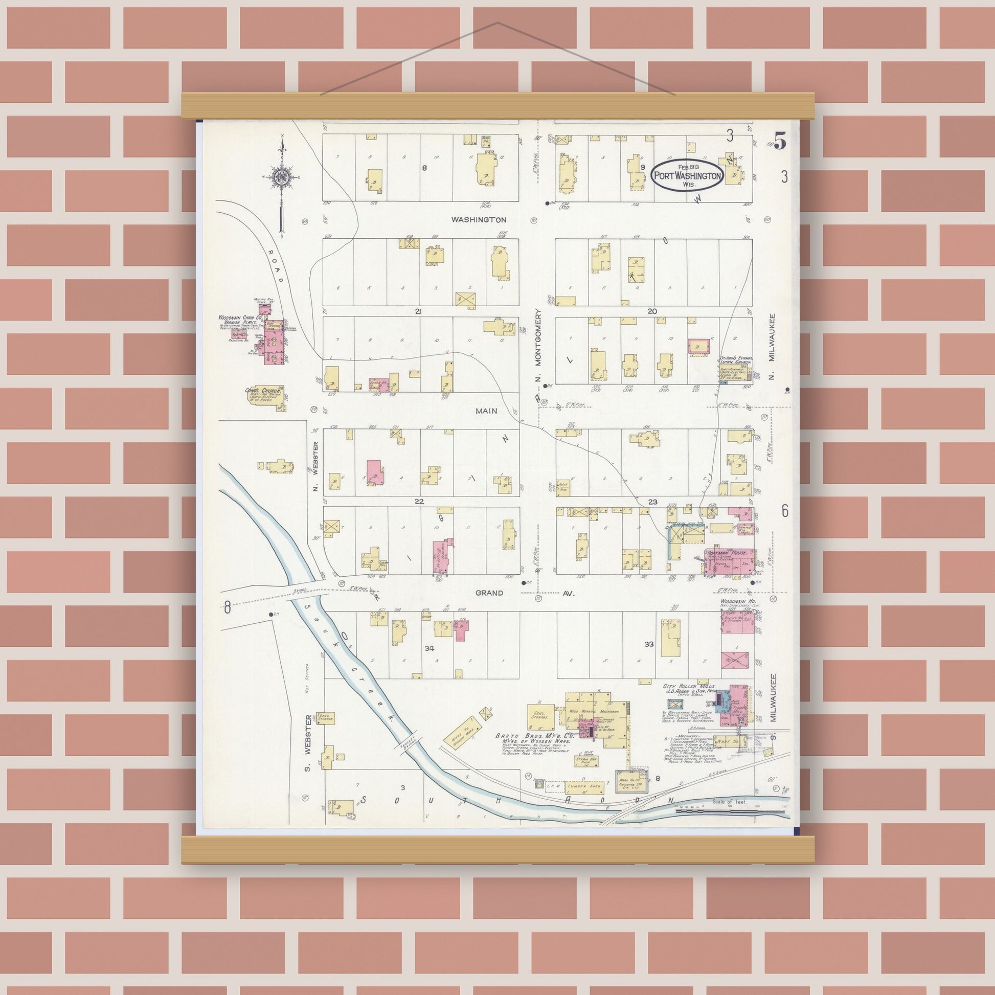 Old map wall art mockup — magnetic wood frame on brick wall — Sanborn Fire Insurance Map from Port Washington, Ozaukee County, Wisconsin (1913), Sheet #0005