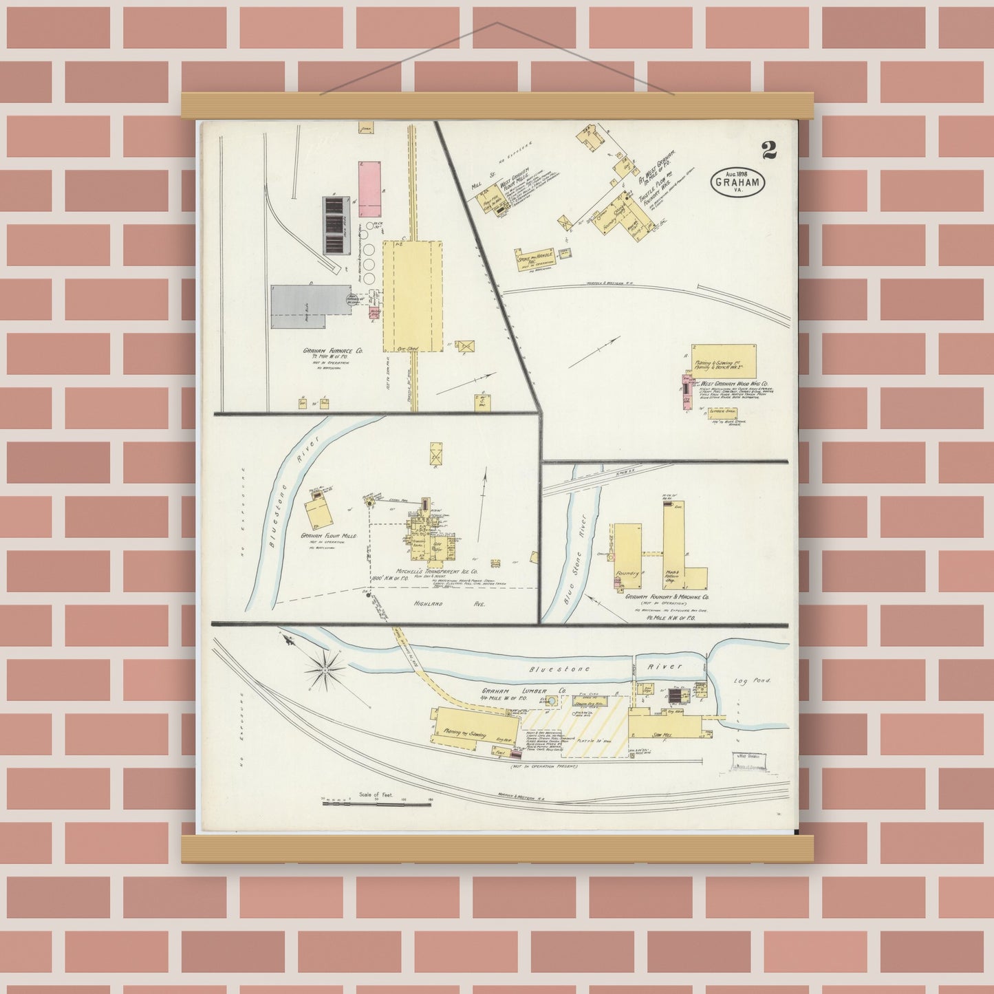 Old map wall art mockup — magnetic wood frame on brick wall — Sanborn Fire Insurance Map from Graham, Tazewell County, Virginia (1898), Sheet #0002
