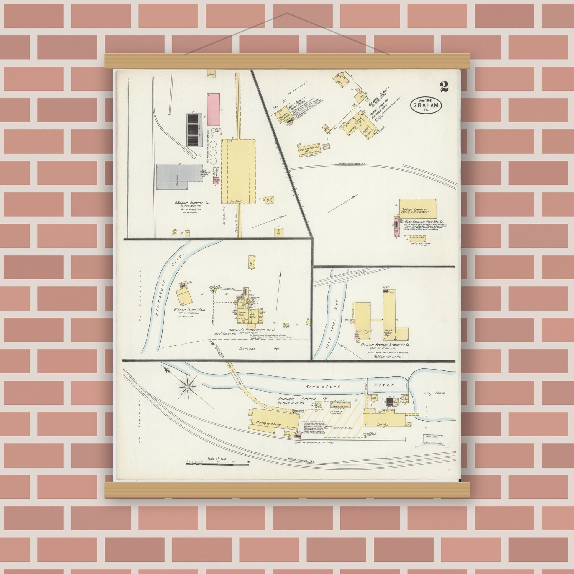 Old map wall art mockup — magnetic wood frame on brick wall — Sanborn Fire Insurance Map from Graham, Tazewell County, Virginia (1898), Sheet #0002