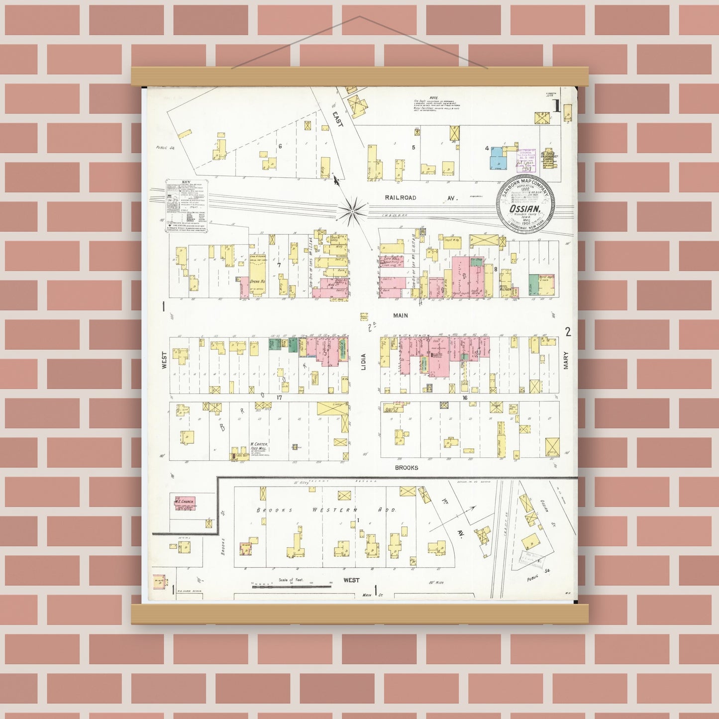 Old map wall art mockup — magnetic wood frame on brick wall — Sanborn Fire Insurance Map from Ossian, Winneshiek County, Iowa (1902) â€” Complete Set