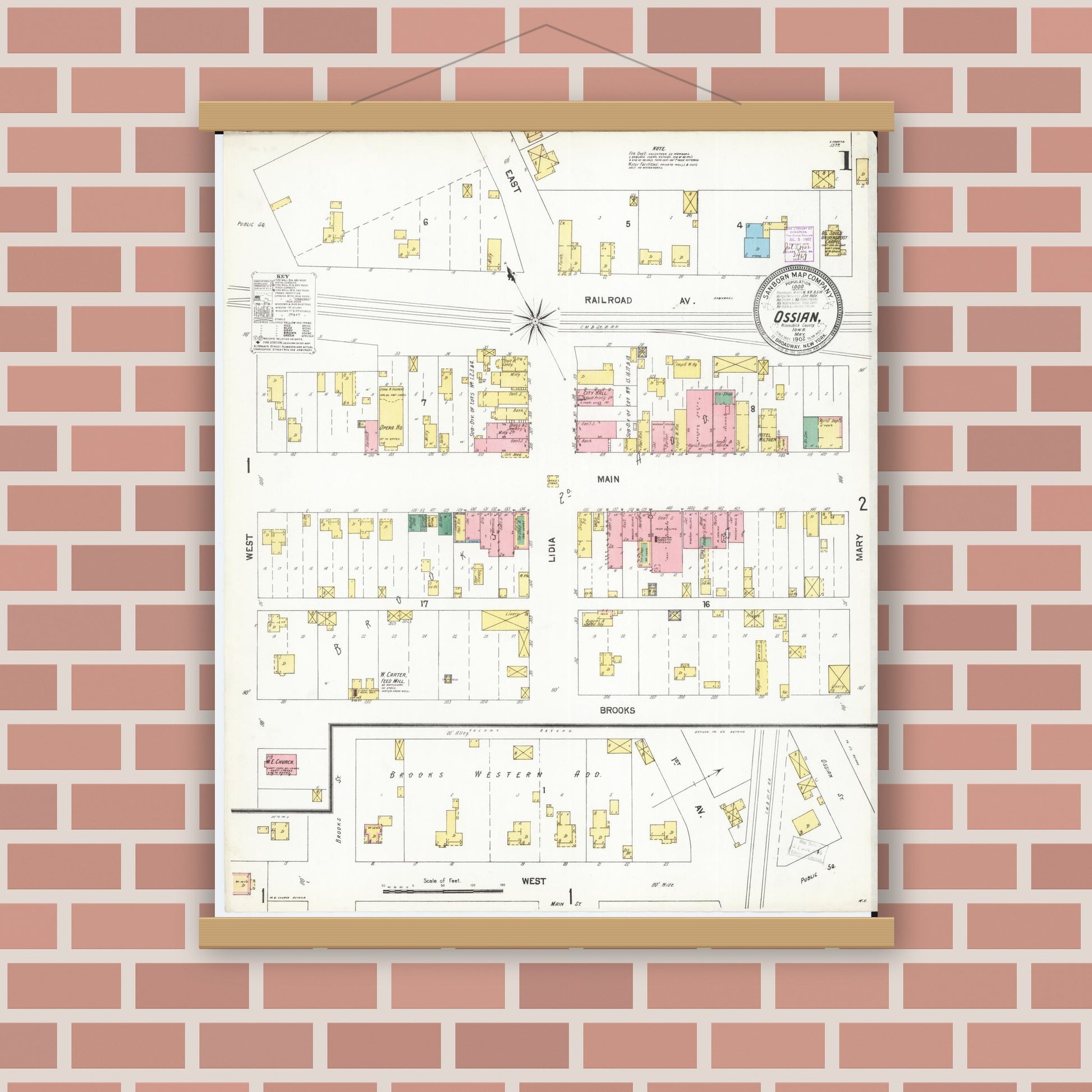 Old map wall art mockup — magnetic wood frame on brick wall — Sanborn Fire Insurance Map from Ossian, Winneshiek County, Iowa (1902) â€” Complete Set