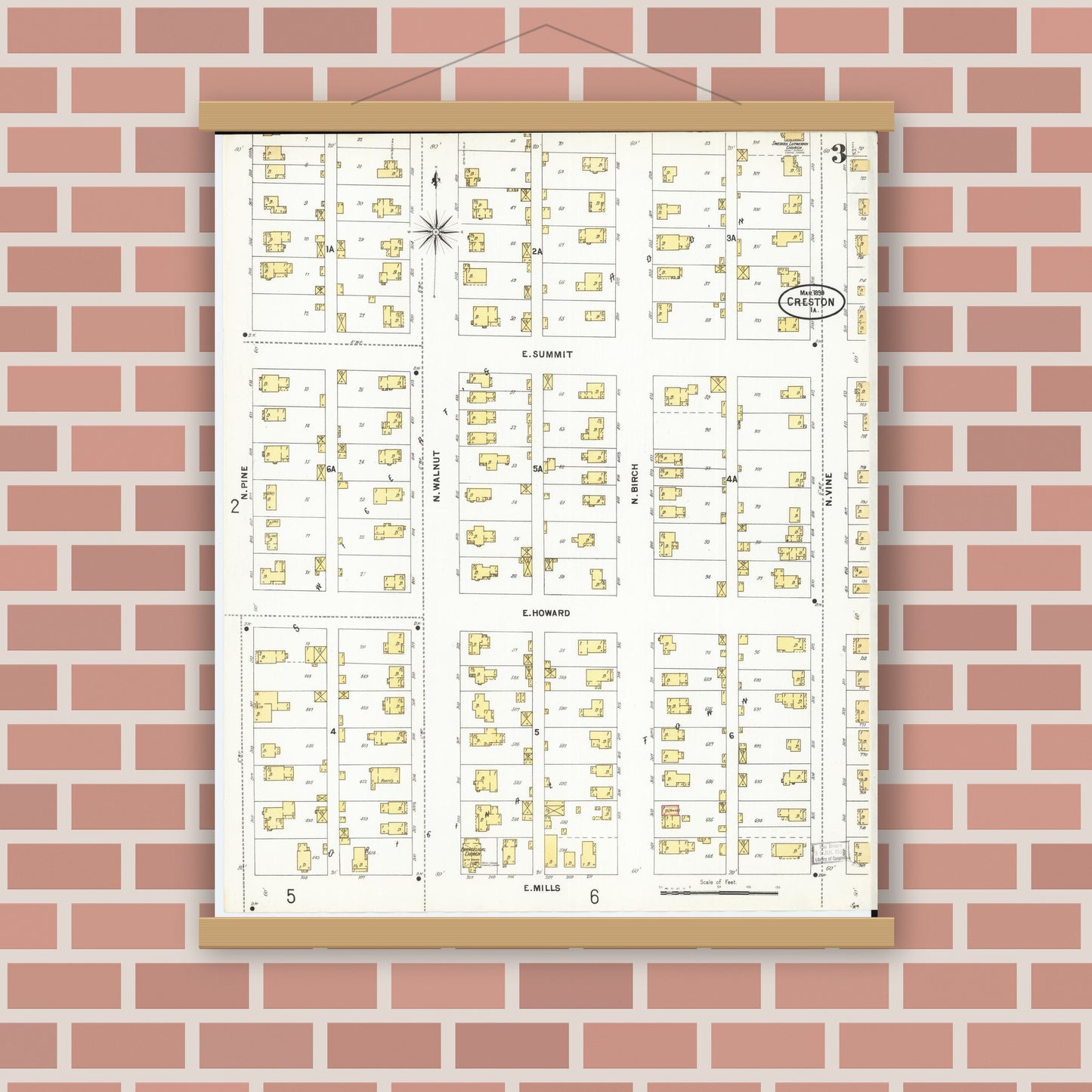 Old map wall art mockup — magnetic wood frame on brick wall — Sanborn Fire Insurance Map from Creston, Union County, Iowa (1899), Sheet #0003