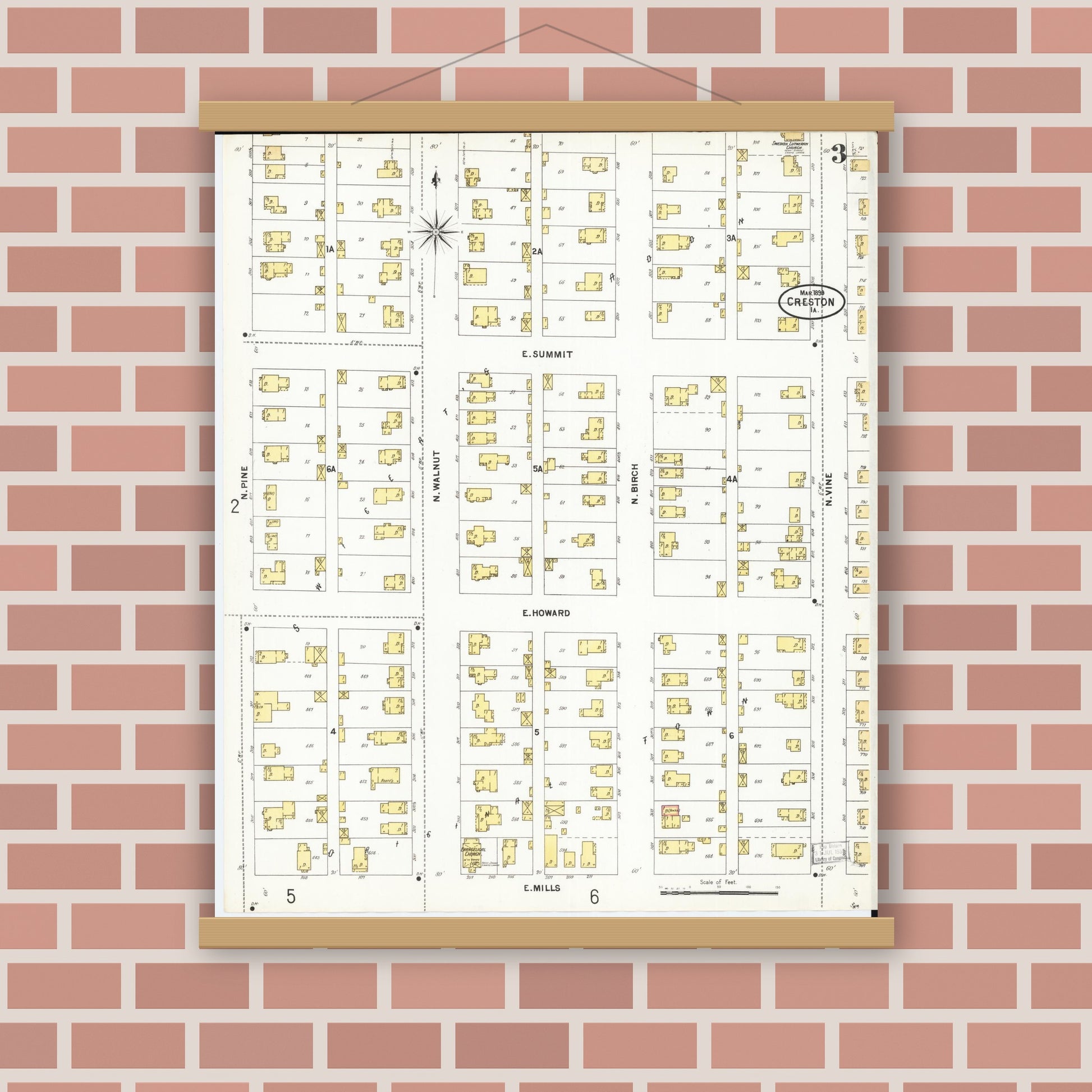 Old map wall art mockup — magnetic wood frame on brick wall — Sanborn Fire Insurance Map from Creston, Union County, Iowa (1899), Sheet #0003