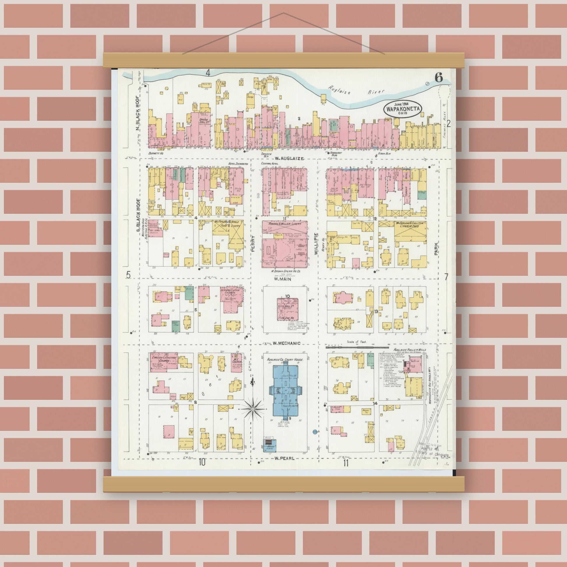 Old map wall art mockup — magnetic wood frame on brick wall — Sanborn Fire Insurance Map from Wapakoneta, Auglaize County, Ohio (1904), Sheet #0006