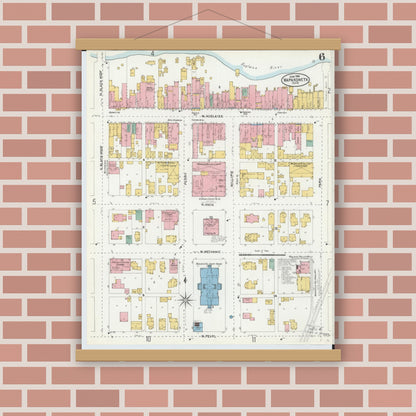 Old map wall art mockup — magnetic wood frame on brick wall — Sanborn Fire Insurance Map from Wapakoneta, Auglaize County, Ohio (1904), Sheet #0006