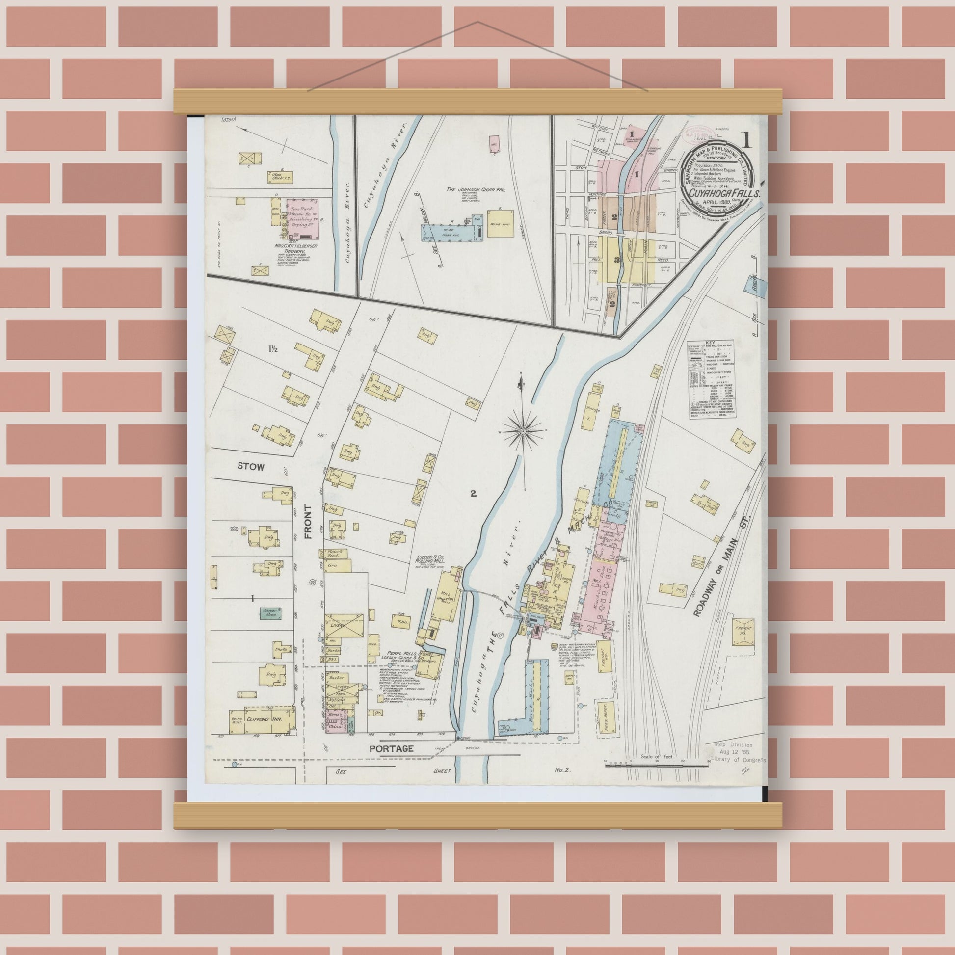 Old map wall art mockup — magnetic wood frame on brick wall — Sanborn Fire Insurance Map from Cuyahoga Falls, Summit County, Ohio (1889) - Complete Map Set