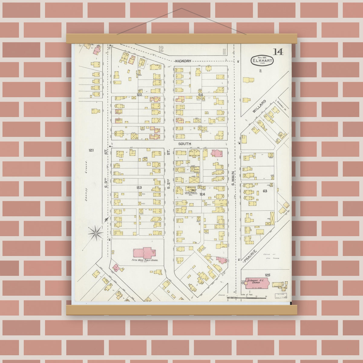 Old map wall art mockup — magnetic wood frame on brick wall — Sanborn Fire Insurance Map from Elkhart, Elkhart County, Indiana (1892), Sheet #0014