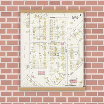 Old map wall art mockup — magnetic wood frame on brick wall — Sanborn Fire Insurance Map from Elkhart, Elkhart County, Indiana (1892), Sheet #0014