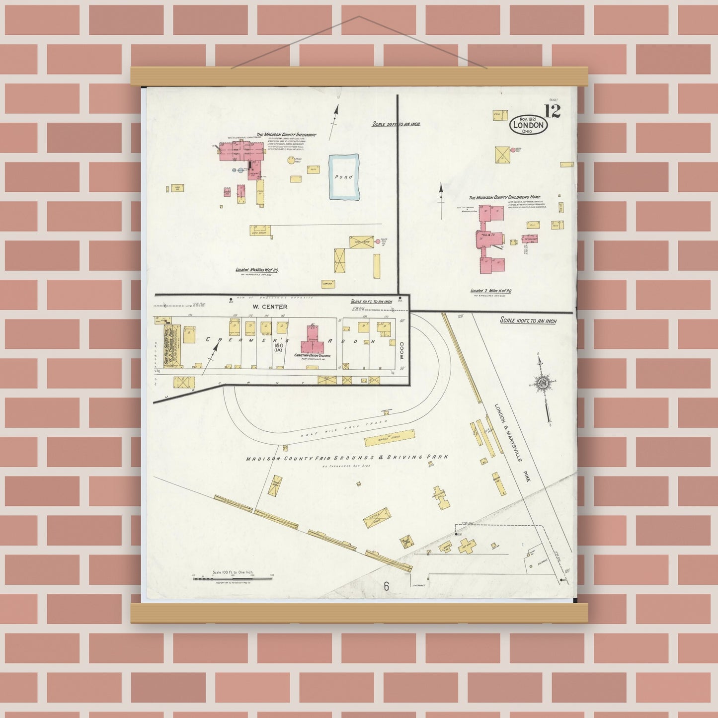 Old map wall art mockup — magnetic wood frame on brick wall — Sanborn Fire Insurance Map from London, Madison County, Ohio (1921), Sheet #0012