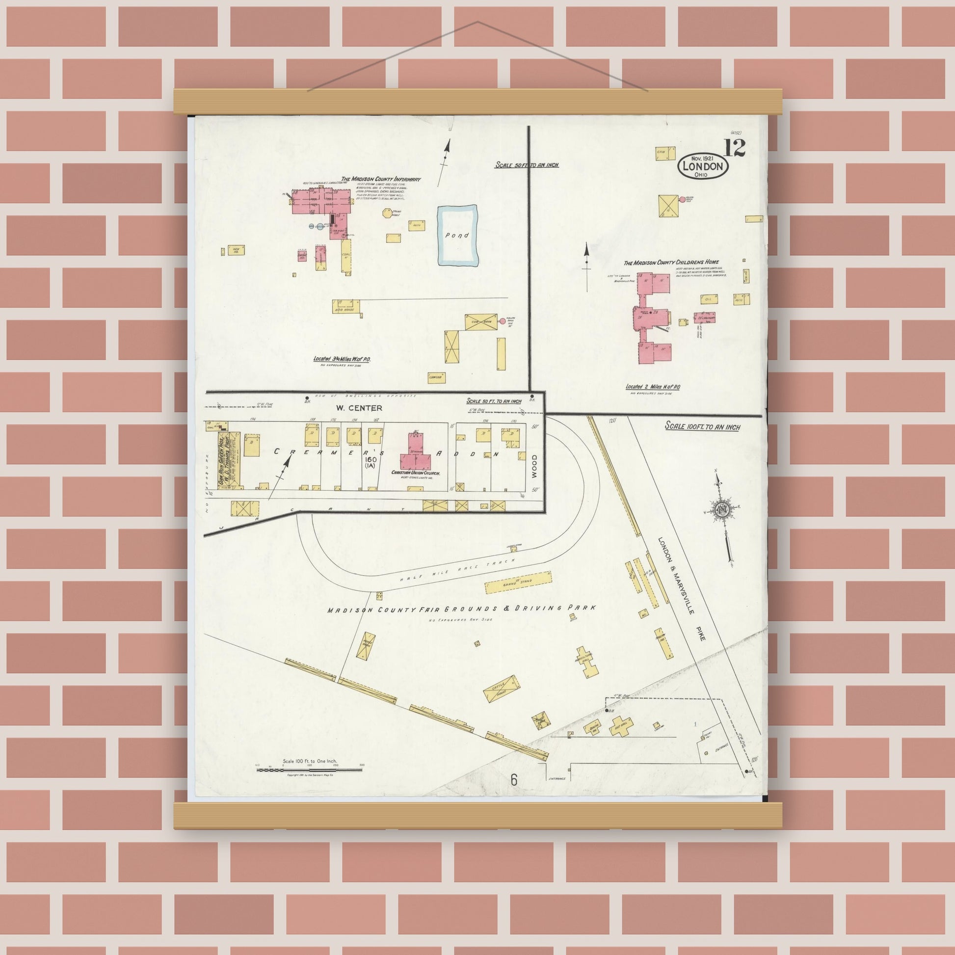 Old map wall art mockup — magnetic wood frame on brick wall — Sanborn Fire Insurance Map from London, Madison County, Ohio (1921), Sheet #0012