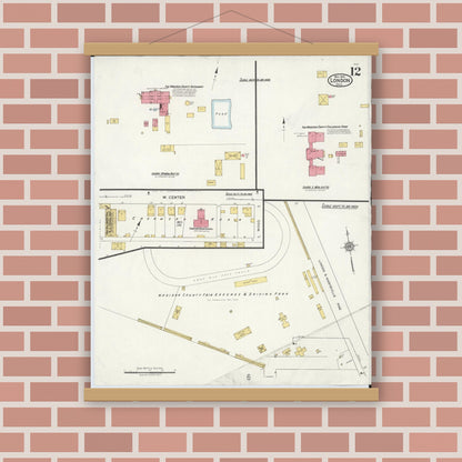 Old map wall art mockup — magnetic wood frame on brick wall — Sanborn Fire Insurance Map from London, Madison County, Ohio (1921), Sheet #0012