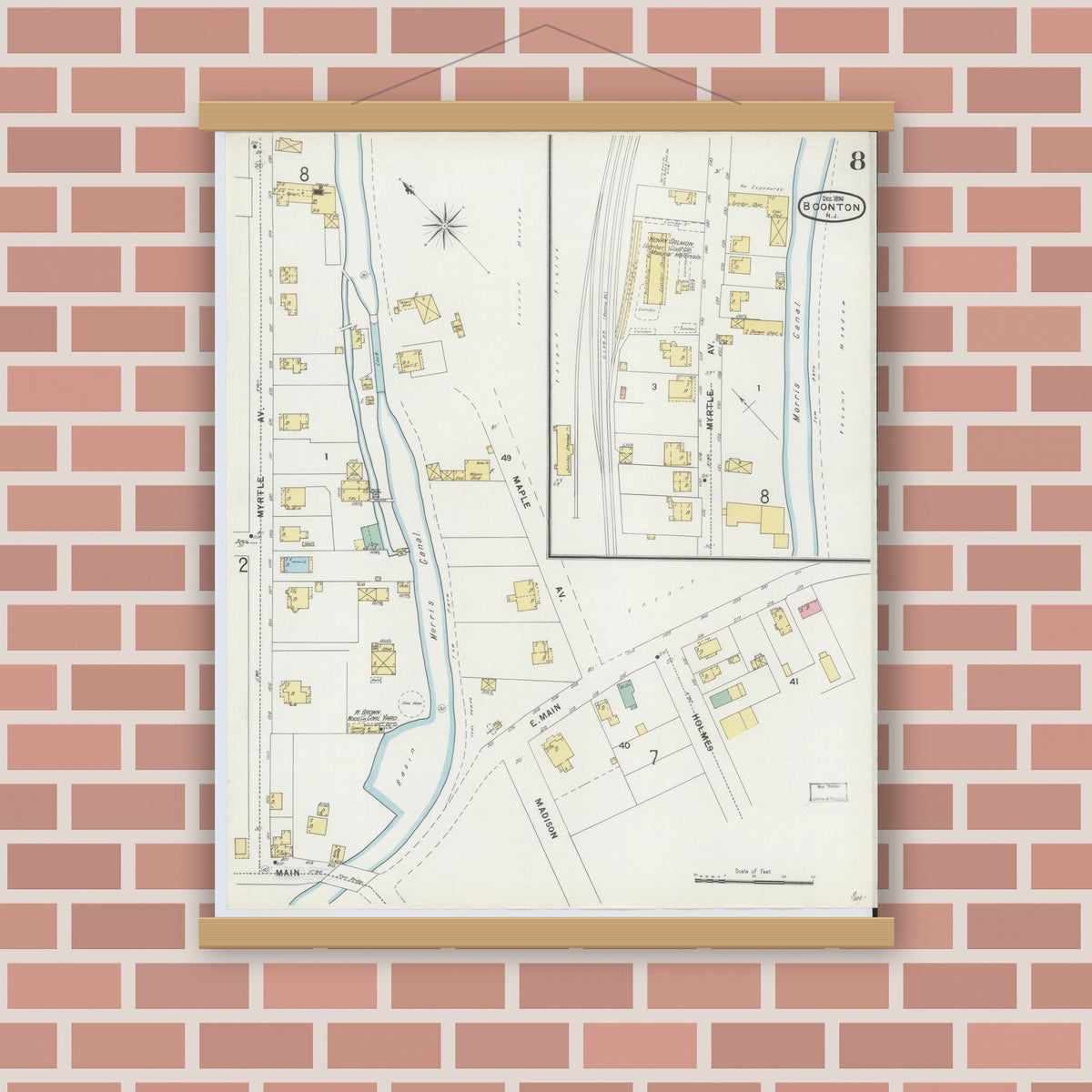 Old map wall art mockup — magnetic wood frame on brick wall — Sanborn Fire Insurance Map from Boonton, Morris County, New Jersey (1896), Sheet #0008