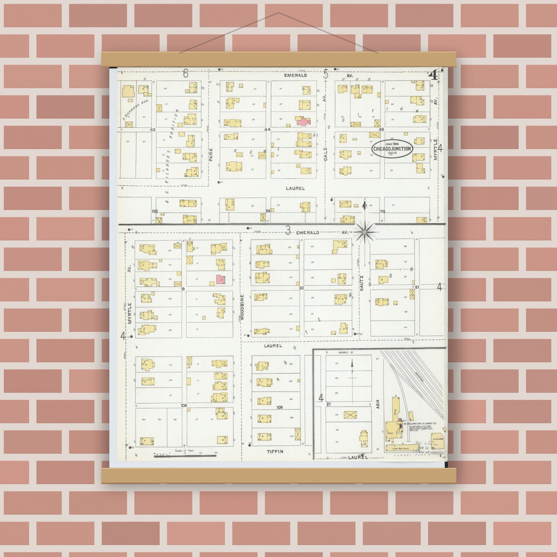 Old map wall art mockup — magnetic wood frame on brick wall — Sanborn Fire Insurance Map from Chicago Junction, Huron County, Ohio (1904), Sheet #0004