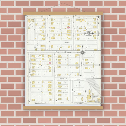 Old map wall art mockup — magnetic wood frame on brick wall — Sanborn Fire Insurance Map from Chicago Junction, Huron County, Ohio (1904), Sheet #0004
