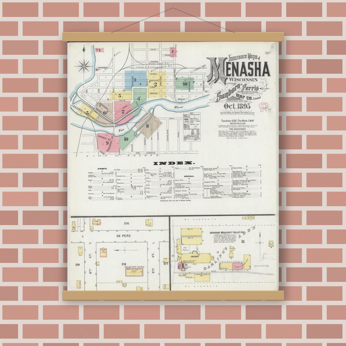Old map wall art mockup — magnetic wood frame on brick wall — Sanborn Fire Insurance Map from Menasha, Winnebago County, Wisconsin (1895) - Complete Map Set