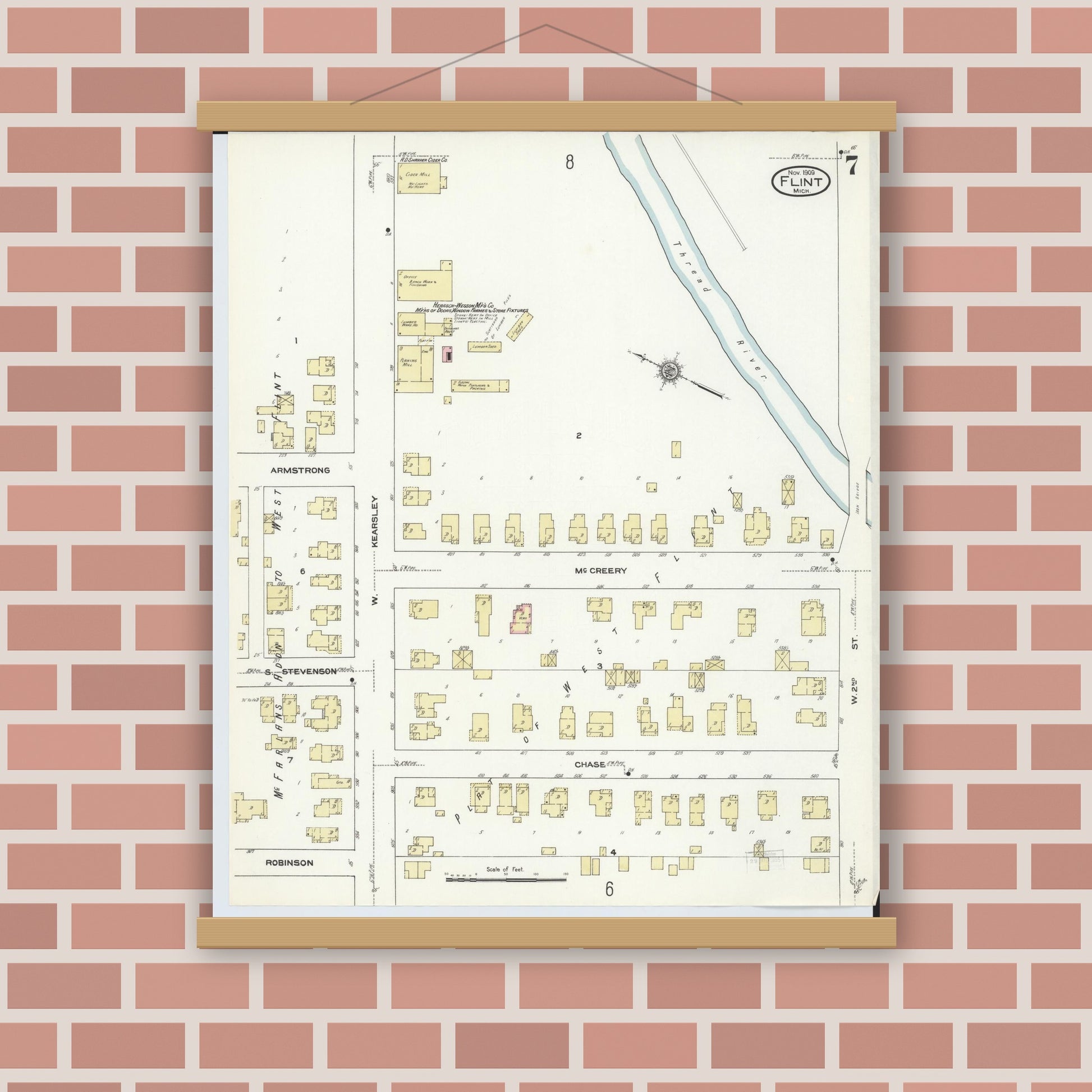 Old map wall art mockup — magnetic wood frame on brick wall — Sanborn Fire Insurance Map from Flint, Genesee County, Michigan (1909), Sheet #0007