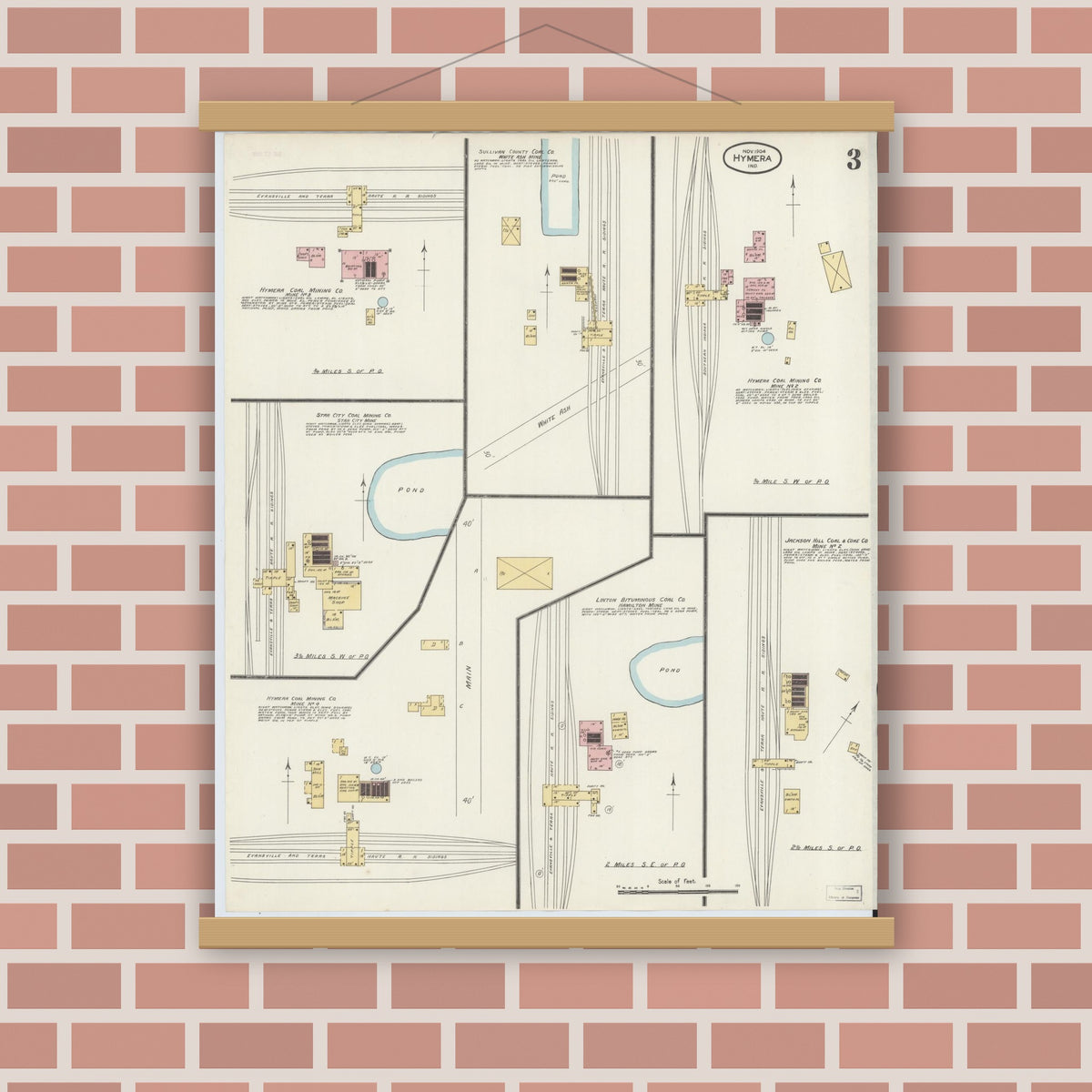 Old map wall art mockup — magnetic wood frame on brick wall — Sanborn Fire Insurance Map from Hymera, Sullivan County, Indiana (1904), Sheet #0003