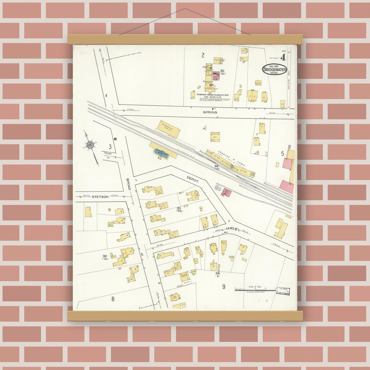 Old map wall art mockup — magnetic wood frame on brick wall — Sanborn Fire Insurance Map from Bridgewater, Plymouth County, Massachusetts (1921), Sheet #0004