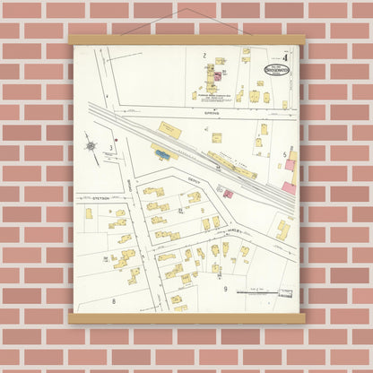 Old map wall art mockup — magnetic wood frame on brick wall — Sanborn Fire Insurance Map from Bridgewater, Plymouth County, Massachusetts (1921), Sheet #0004