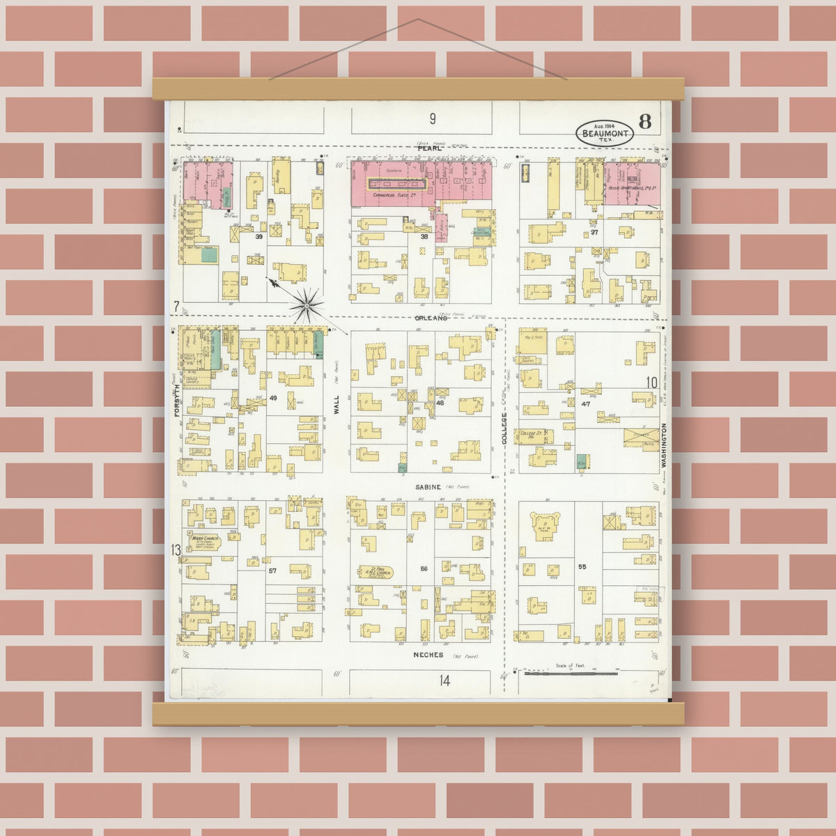 Old map wall art mockup — magnetic wood frame on brick wall — Sanborn Fire Insurance Map from Beaumont, Jefferson County, Texas (1904), Sheet #0008