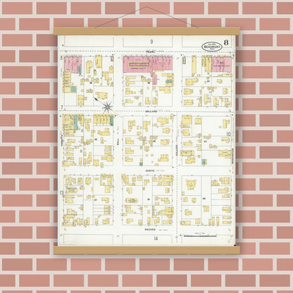 Old map wall art mockup — magnetic wood frame on brick wall — Sanborn Fire Insurance Map from Beaumont, Jefferson County, Texas (1904), Sheet #0008