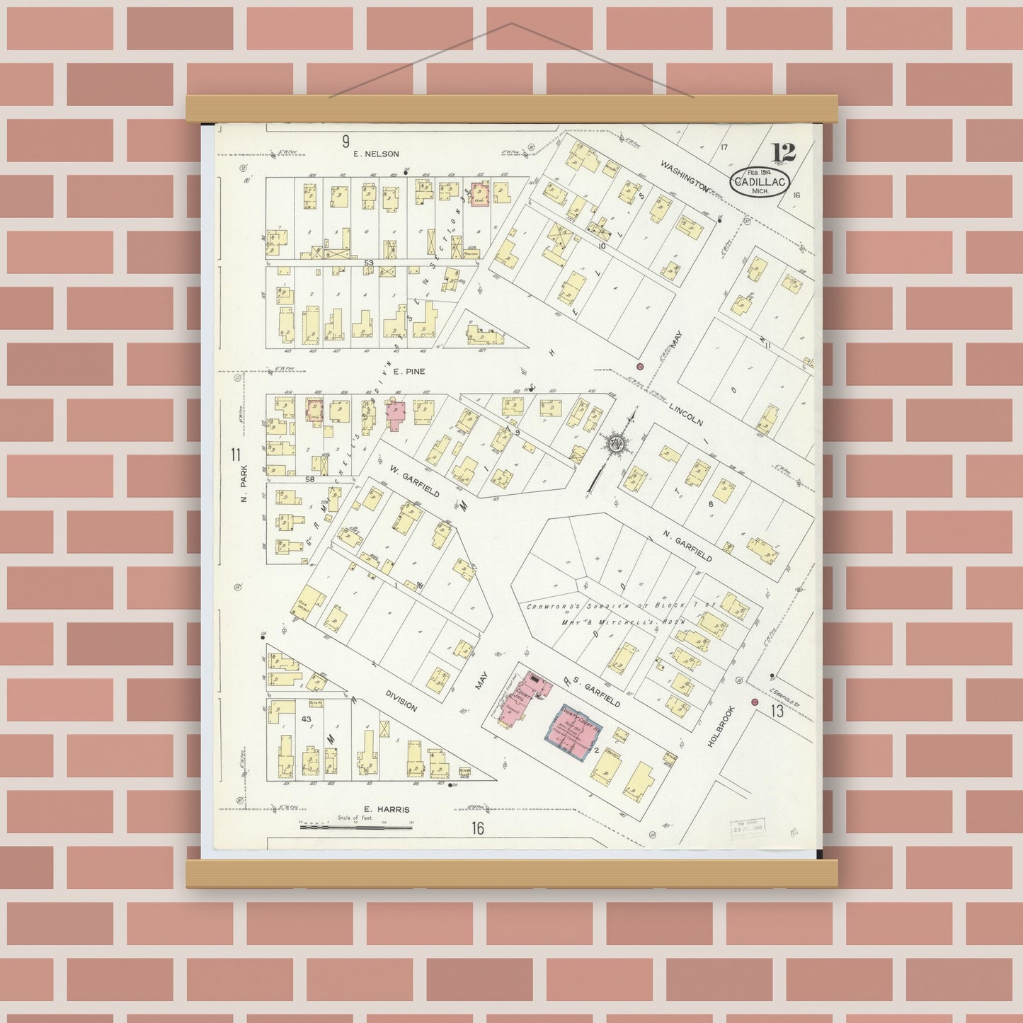 Old map wall art mockup — magnetic wood frame on brick wall — Sanborn Fire Insurance Map from Cadillac, Wexford County, Michigan (1914), Sheet #0012