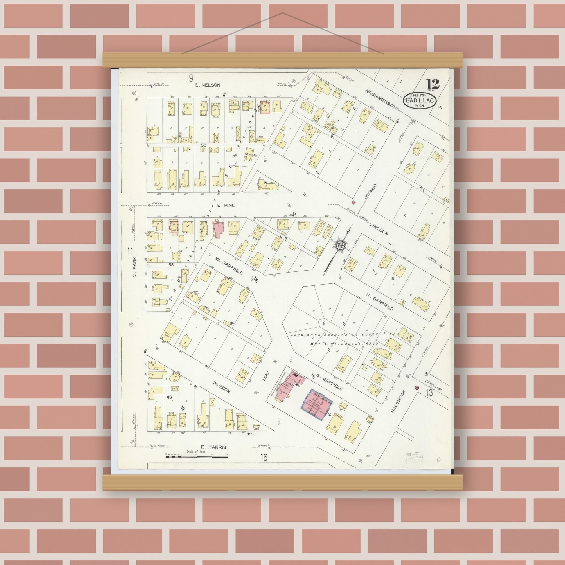 Old map wall art mockup — magnetic wood frame on brick wall — Sanborn Fire Insurance Map from Cadillac, Wexford County, Michigan (1914), Sheet #0012