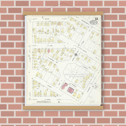 Old map wall art mockup — magnetic wood frame on brick wall — Sanborn Fire Insurance Map from Cadillac, Wexford County, Michigan (1914), Sheet #0012