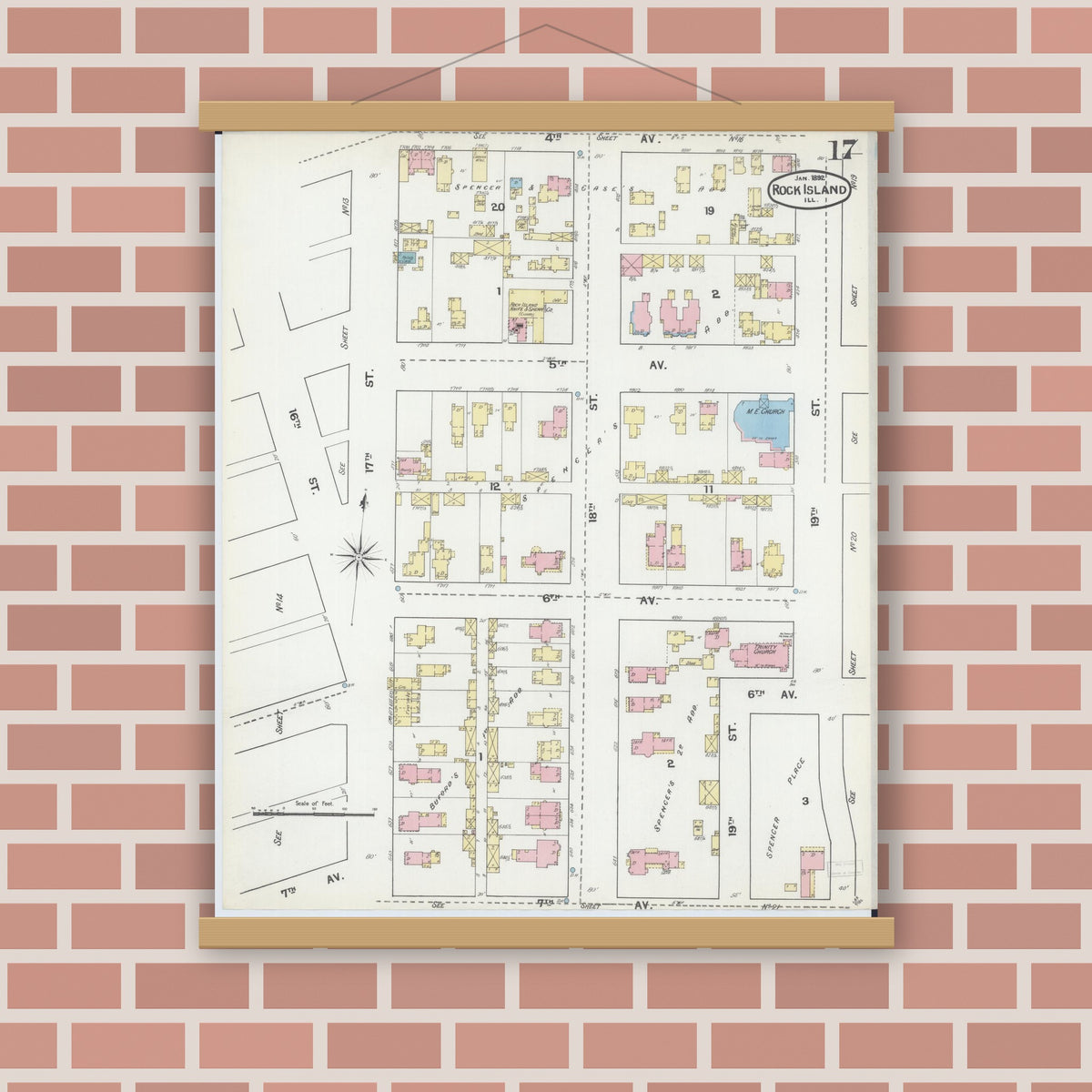 Old map wall art mockup — magnetic wood frame on brick wall — Sanborn Fire Insurance Map from Rock Island, Rock Island County, Illinois (1892), Sheet #0017