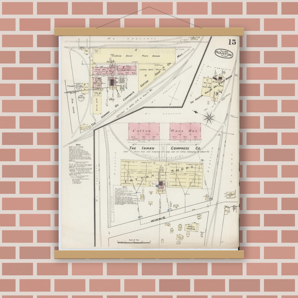 Old map wall art mockup — magnetic wood frame on brick wall — Sanborn Fire Insurance Map from Houston, Harris County, Texas (1885), Sheet #0015