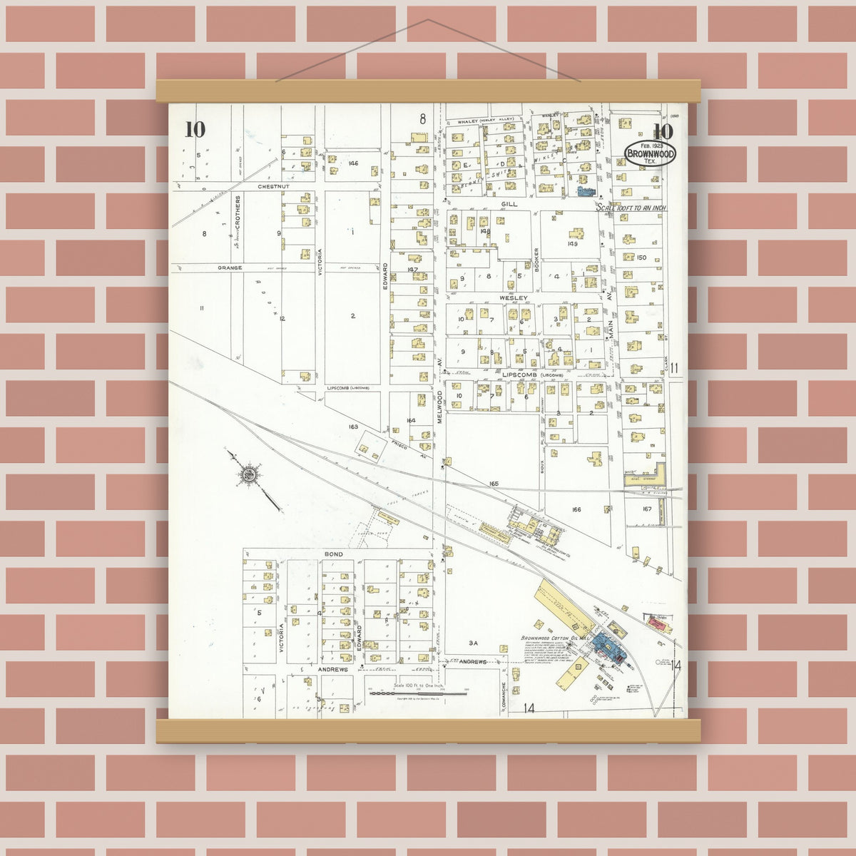 Old map wall art mockup — magnetic wood frame on brick wall — Sanborn Fire Insurance Map from Brownwood, Brown County, Texas (1923), Sheet #0010