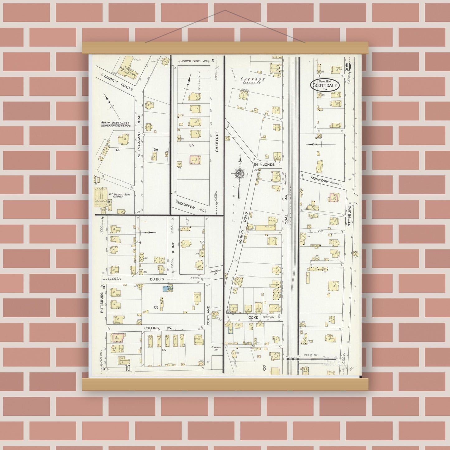 Old map wall art mockup — magnetic wood frame on brick wall — Sanborn Fire Insurance Map from Scottdale, Westmoreland County, Pennsylvania (1914), Sheet #0009