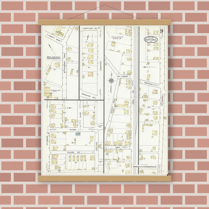 Old map wall art mockup — magnetic wood frame on brick wall — Sanborn Fire Insurance Map from Scottdale, Westmoreland County, Pennsylvania (1914), Sheet #0009