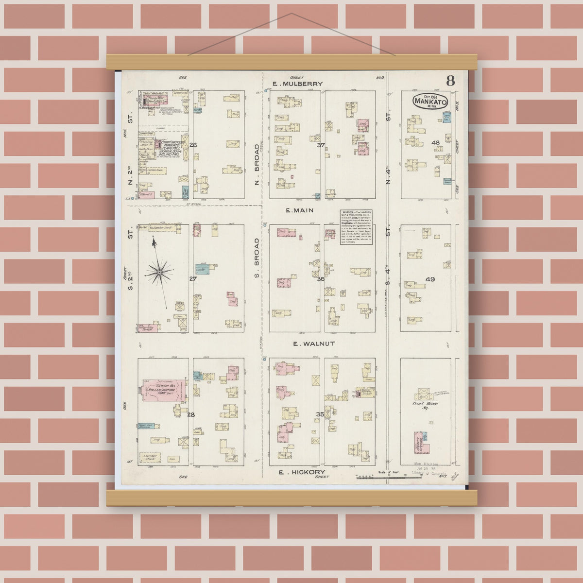 Old map wall art mockup — magnetic wood frame on brick wall — Sanborn Fire Insurance Map from Mankato, Blue Earth County, Minnesota (1884), Sheet #0008