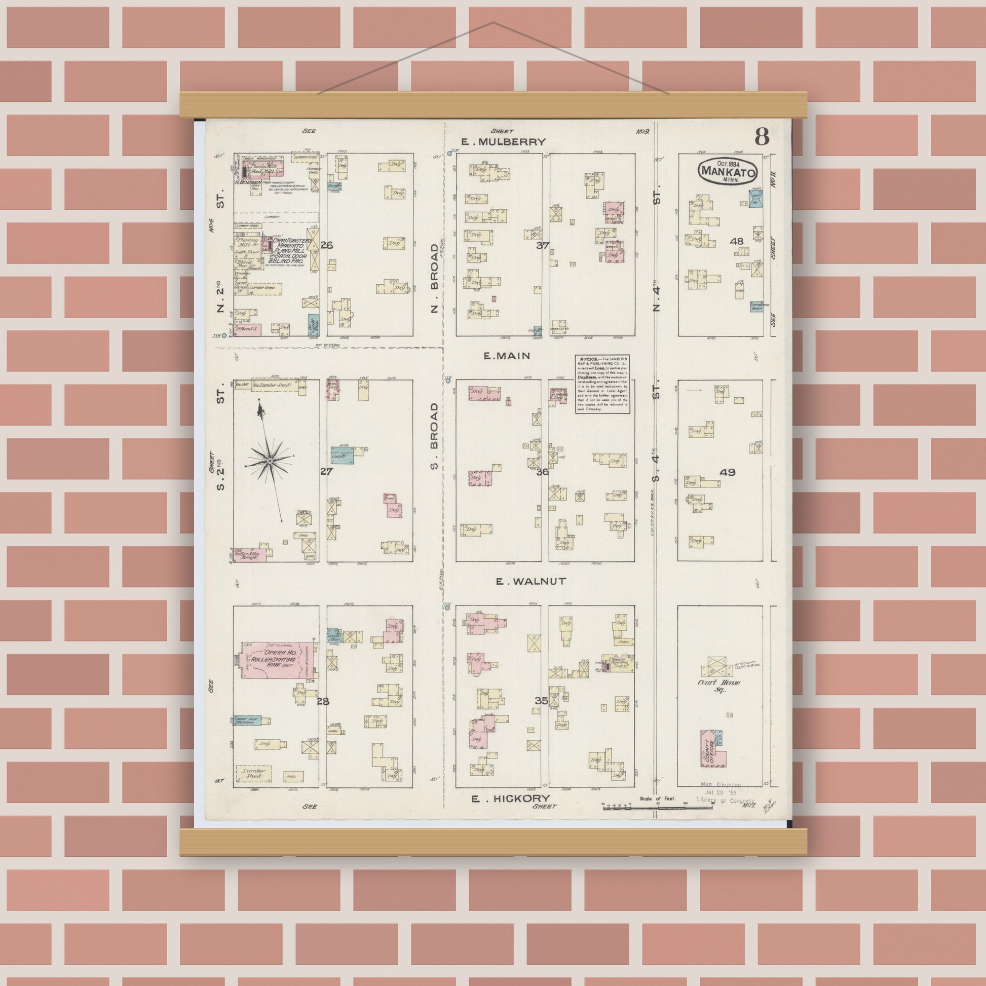 Old map wall art mockup — magnetic wood frame on brick wall — Sanborn Fire Insurance Map from Mankato, Blue Earth County, Minnesota (1884), Sheet #0008