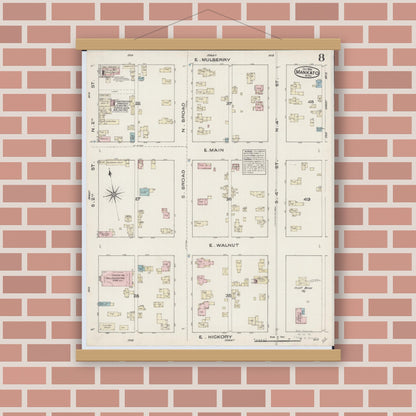 Old map wall art mockup — magnetic wood frame on brick wall — Sanborn Fire Insurance Map from Mankato, Blue Earth County, Minnesota (1884), Sheet #0008