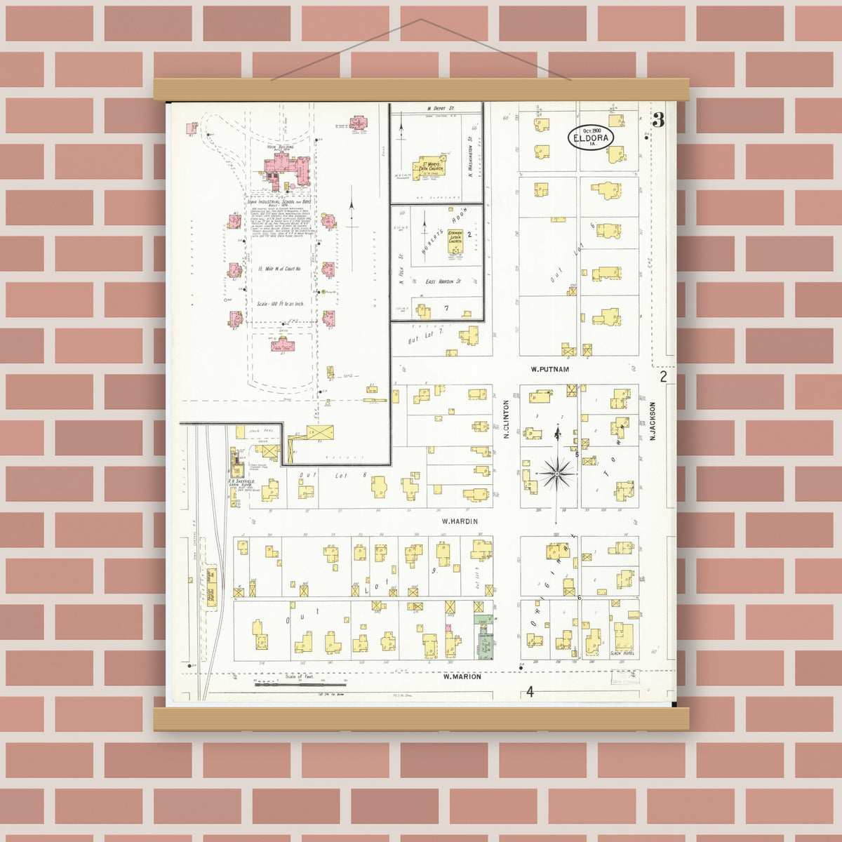 Old map wall art mockup — magnetic wood frame on brick wall — Sanborn Fire Insurance Map from Eldora, Hardin County, Iowa (1900), Sheet #0003