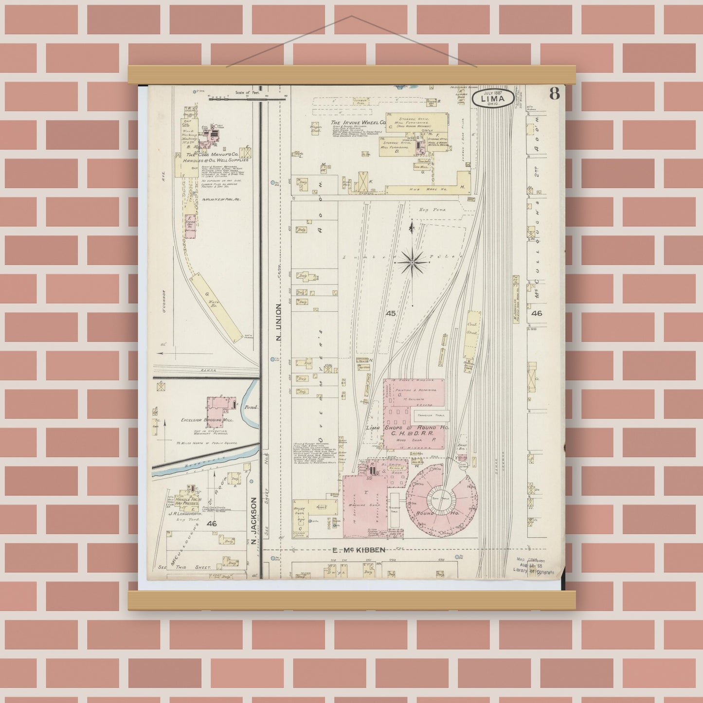 Old map wall art mockup — magnetic wood frame on brick wall — Sanborn Fire Insurance Map from Lima, Allen County, Ohio (1887), Sheet #0008