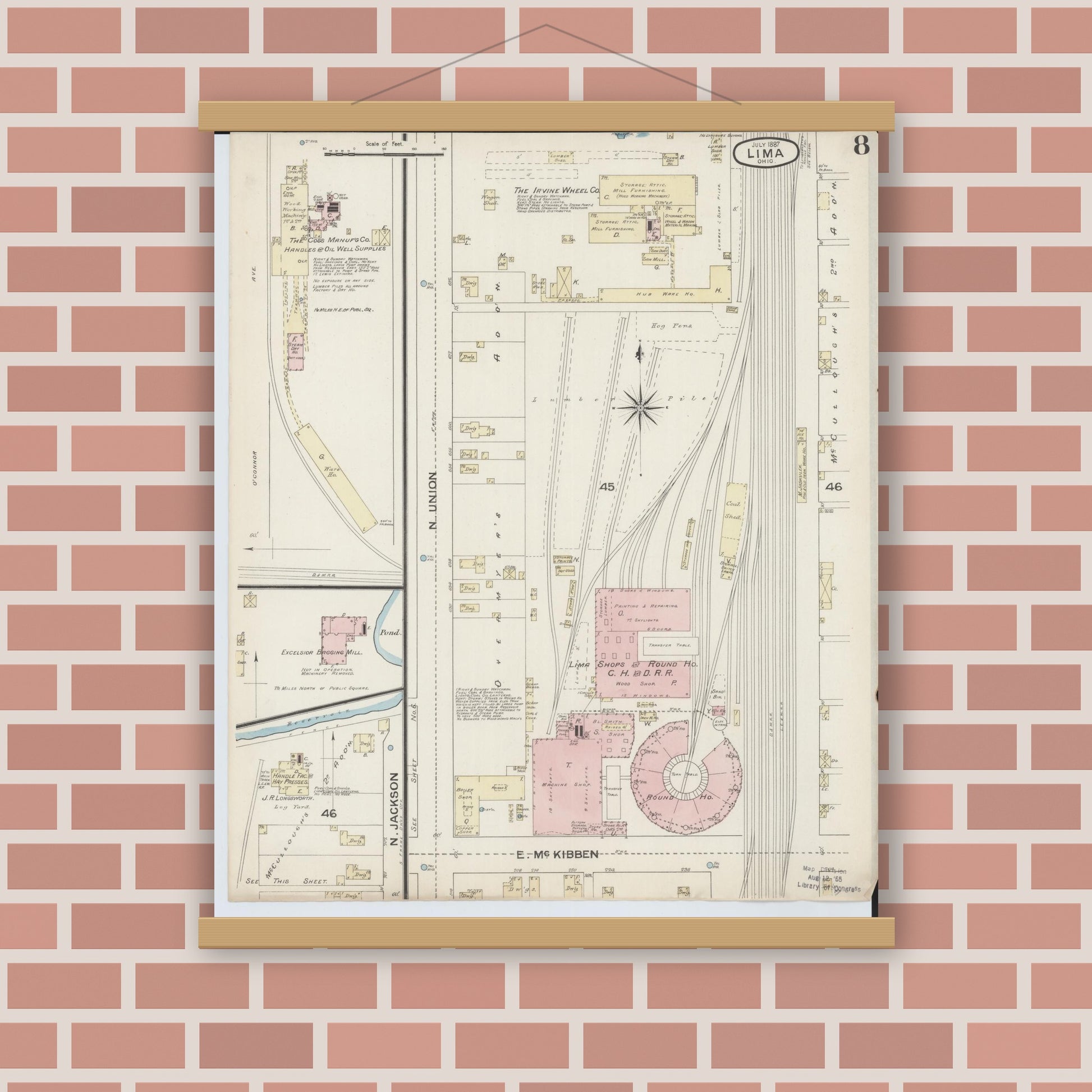 Old map wall art mockup — magnetic wood frame on brick wall — Sanborn Fire Insurance Map from Lima, Allen County, Ohio (1887), Sheet #0008