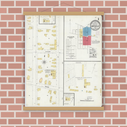 Old map wall art mockup — magnetic wood frame on brick wall — Sanborn Fire Insurance Map from Northville, Fulton County, New York (1906) - Complete Map Set