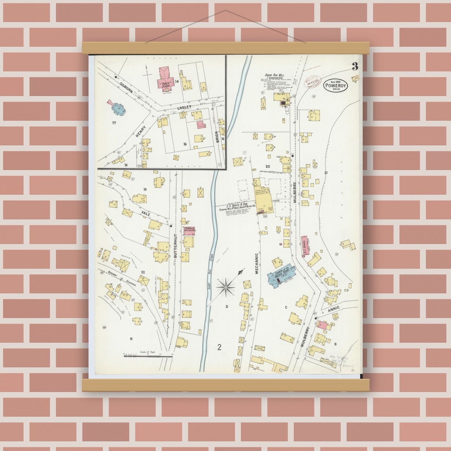Old map wall art mockup — magnetic wood frame on brick wall — Sanborn Fire Insurance Map from Pomeroy, Meigs County, Ohio (1899), Sheet #0003