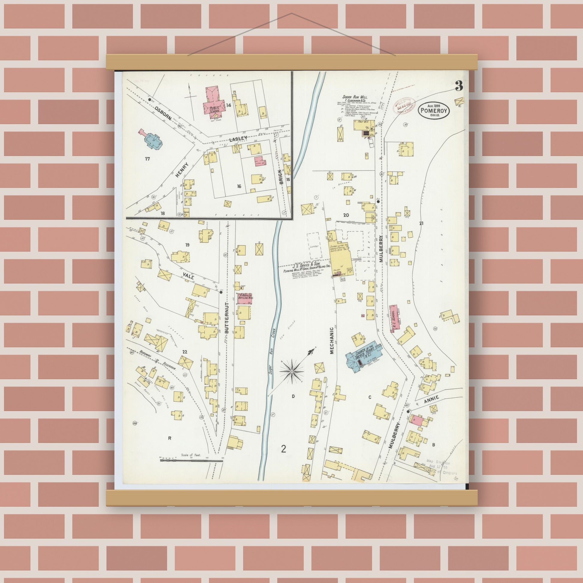 Old map wall art mockup — magnetic wood frame on brick wall — Sanborn Fire Insurance Map from Pomeroy, Meigs County, Ohio (1899), Sheet #0003