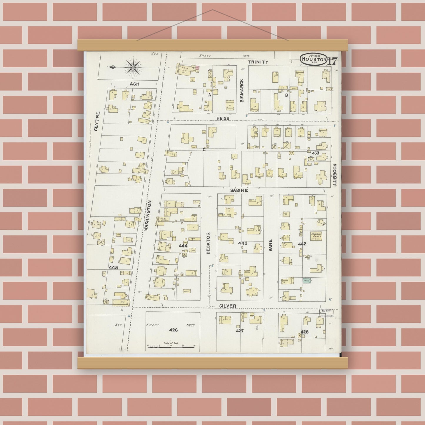 Old map wall art mockup — magnetic wood frame on brick wall — Sanborn Fire Insurance Map from Houston, Harris County, Texas (1890), Sheet #0017
