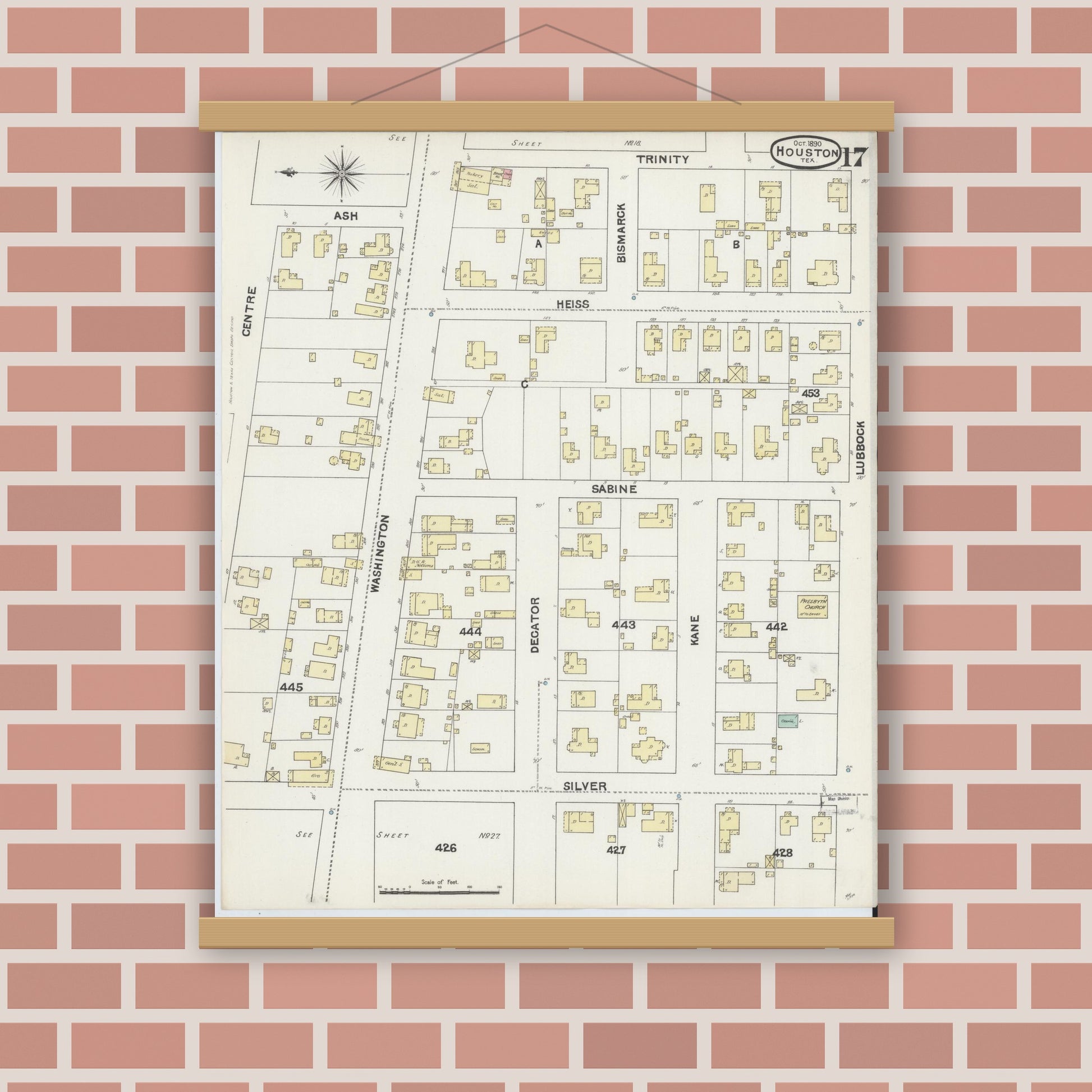 Old map wall art mockup — magnetic wood frame on brick wall — Sanborn Fire Insurance Map from Houston, Harris County, Texas (1890), Sheet #0017